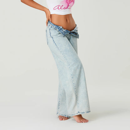 Simple Stylish Low Waist Casual Wide Leg Pants Women Spring Summer Solid Color Jeans with Pockets Streetwear