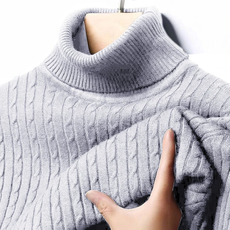 Autumn Men's Ribbed Turtleneck Sweater Warm Fitted Knitted Pullover Sweatesr Jacquard Striped Casual Long Sleeves Basic Top