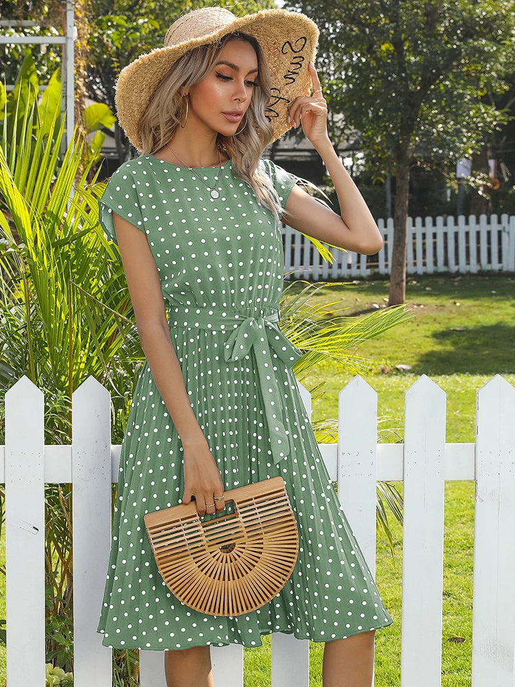 Women Short Sleeve Polka Dot Print Midi Dresses