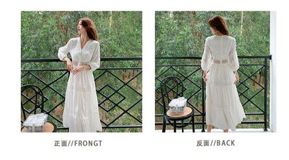 2025 Women's New Spring/Summer White Hollow Sweet Dress Fashion French Bubble Sleeve Knee length Skirt European and American
