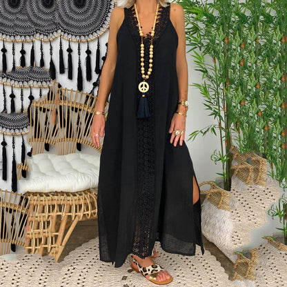 2025 New Summer Women Loose Sleeveless Lace Splice Dress Designer Casual Elegant White Dresses For Women Robe Femmes