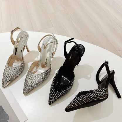 Sexy Crystal Rhinestone Pointed Toe Women Pumps Buckle Strap Street Thin Heels Prom Party Shoes Zapatillas De Mujer