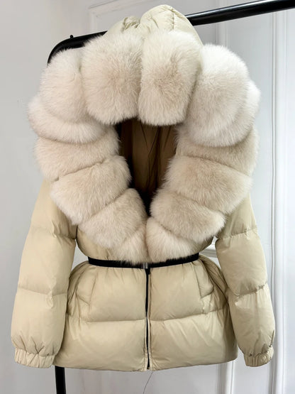 Janveny 2025 Winter Puffer Jacket Women Real Fox Fur Hooded Thick Warm 90% White Duck Down Coat Female Parkas Waterproof