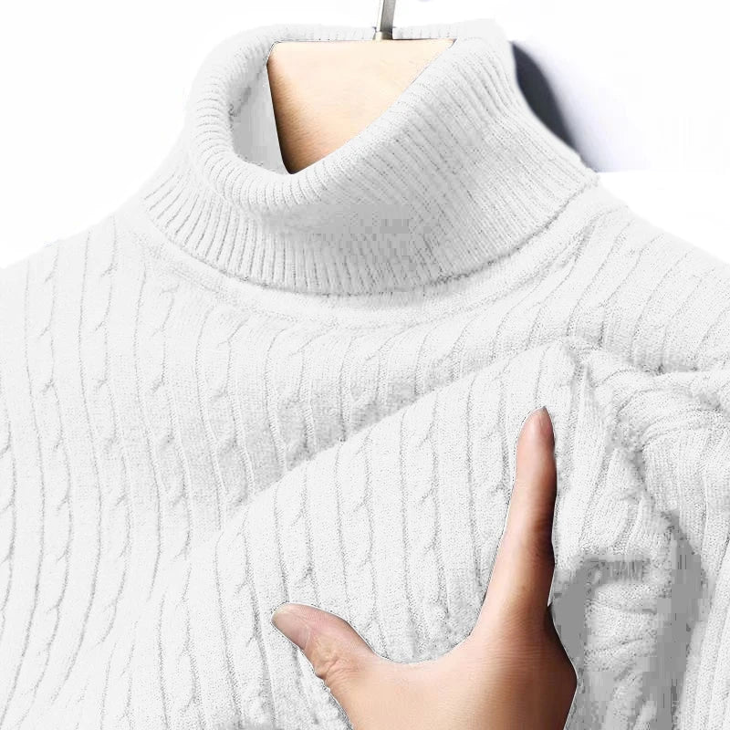 Autumn Men's Ribbed Turtleneck Sweater Warm Fitted Knitted Pullover Sweatesr Jacquard Striped Casual Long Sleeves Basic Top