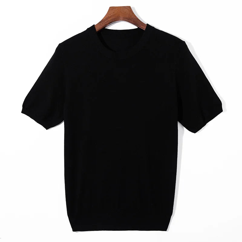 Summer Classic Short Sleeve Men Knitwear Silk Wool blend Sweater O-Neck Loose Cool Quality Business Pullover Basic Clothing Tops
