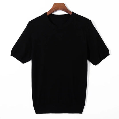 Summer Classic Short Sleeve Men Knitwear Silk Wool blend Sweater O-Neck Loose Cool Quality Business Pullover Basic Clothing Tops