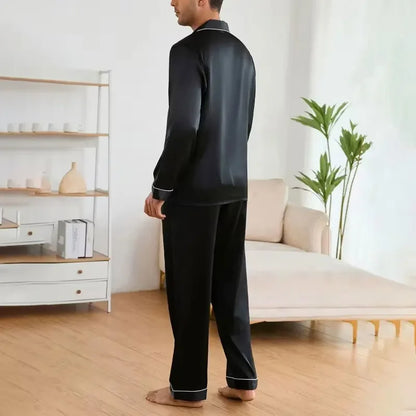 Men's Satin Pajama Set Linter Lapel Collar Long Sleeve Tops & Pants Sleepwear Button Down Loungewear Autumn Pyjama For Man