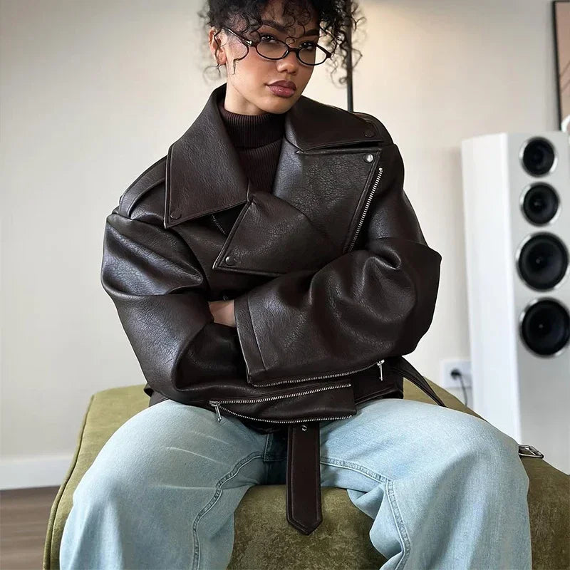Brown Lapel Leather Bomber Jacket Women's Fashion Full Sleeve Zipper Pocket Lace Up Belt Coat 2025 Autumn High Street Outerwear
