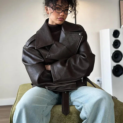 Brown Lapel Leather Bomber Jacket Women's Fashion Full Sleeve Zipper Pocket Lace Up Belt Coat 2025 Autumn High Street Outerwear