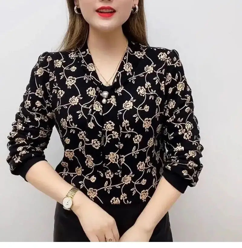 Female Clothing Wave Printed V-Neck Shirt Bandage Spring Autumn New Diamonds Chic Pearl Three-dimensional Decoration Blouse 2025