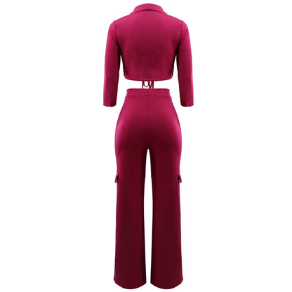 Elegant Office Women Two Piece  Short Shirt + Wide Leg Trousers Set