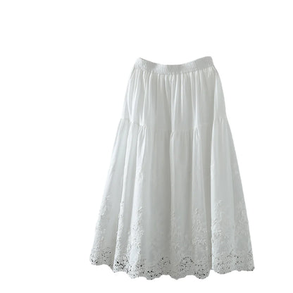New Spring Cotton Lace Skirt Women A-Line Elastic Waist Elegant Skirt Girl Appear Thin Commute Casual Skirt 2024 Summer B44341QC