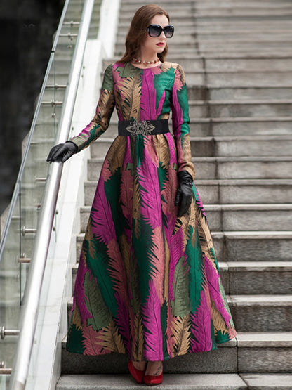 DEVCHATA Women Long Sleeve Maxi Jacquard Dress Floral New Autumn Winter Woman Clothing Elegant Leaf Party Dress for Women