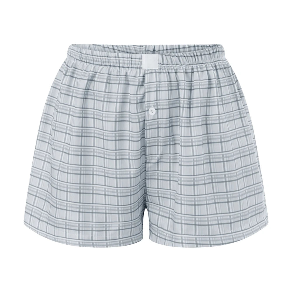 Women’s Y2K Retro Cleanfit Plaid Print Elastic Low Waist Button Front Aesthetic Loungewear Loose Shorts Boxers Streetwear