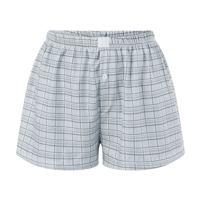 Women’s Y2K Retro Cleanfit Plaid Print Elastic Low Waist Button Front Aesthetic Loungewear Loose Shorts Boxers Streetwear