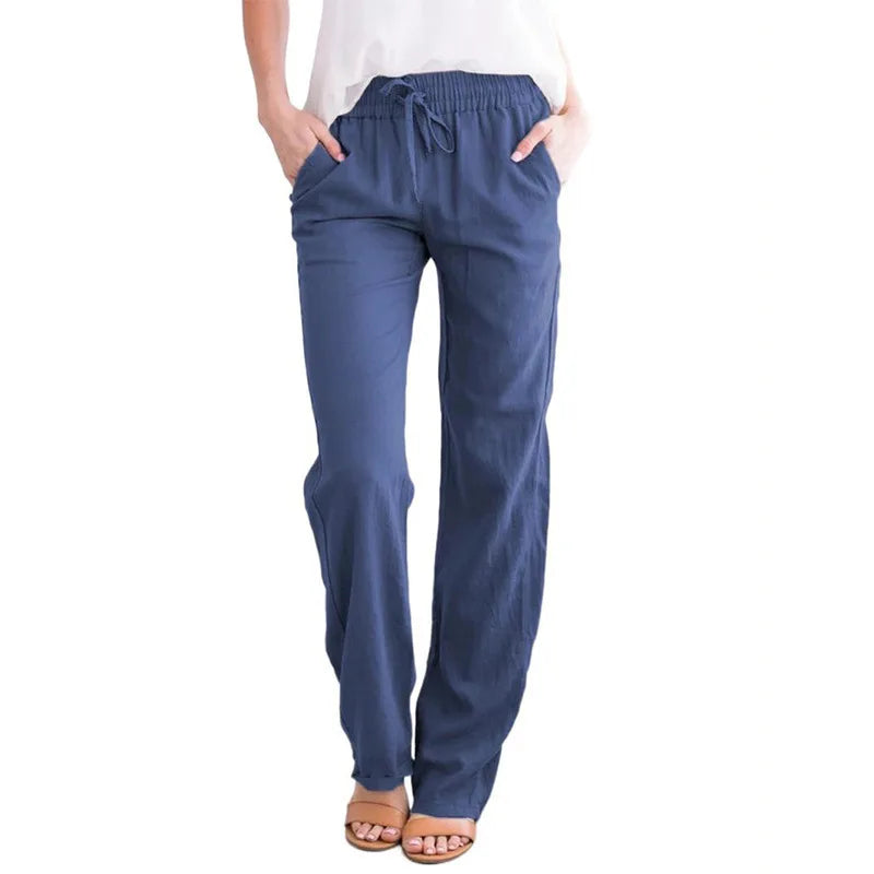 Women's Summer Cotton Hemp Drawstring Loose Relaxed Wide Leg Pants Trouser