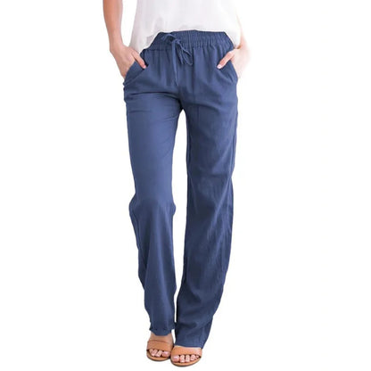 Women's Summer Cotton Hemp Drawstring Loose Relaxed Wide Leg Pants Trouser