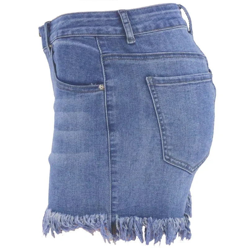 Fashion Front Zipper Open Crotch Denim Shorts Women Casual High Waist Color Contrast Patchwork Female Tassel Three Quarter Pants