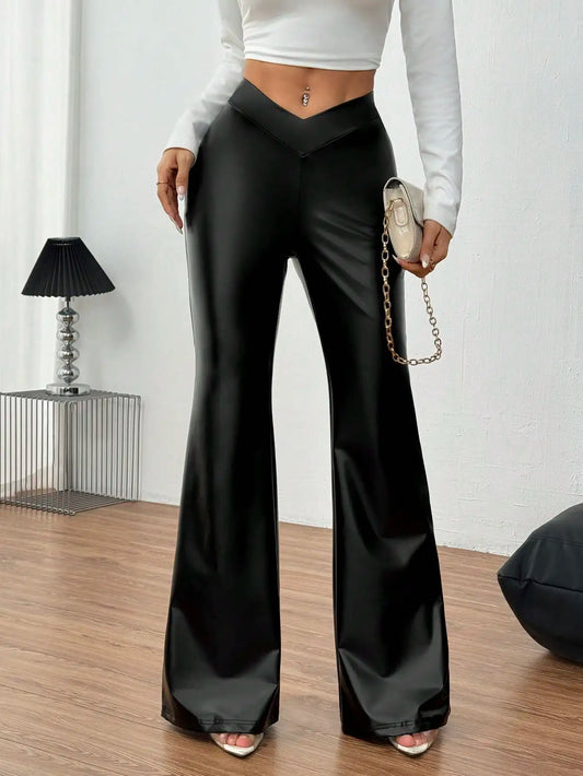 Sexy V-waist invisible zipper horn pants leg shot PU black autumn/winter women's pants