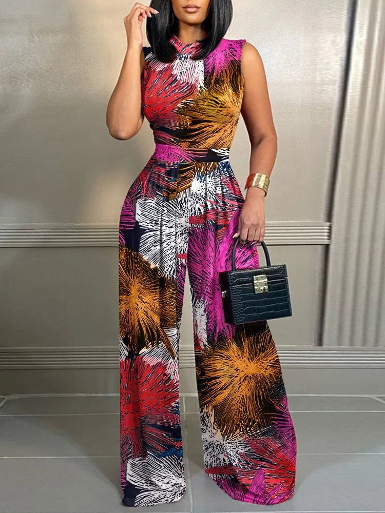Elegant Women Wide Leg Long Printed Sleeveless Jumpsuits Trouser