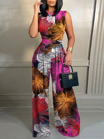 Elegant Women Wide Leg Long Printed Sleeveless Jumpsuits Trouser
