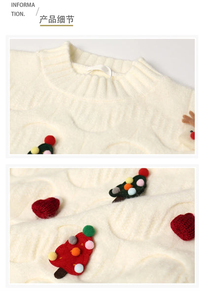 Women Christmas Pullover Knitted Sweater Y2k Fashion Harajuku Korean Vintage O-Neck Long Sleeves Red Sweaters 2000s Clothes 2024