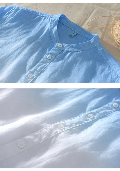 Short-sleeved shirt 100% linen cool breathable comfortable healthy material gradient blue Hawaiian beach men's cardigan shirt