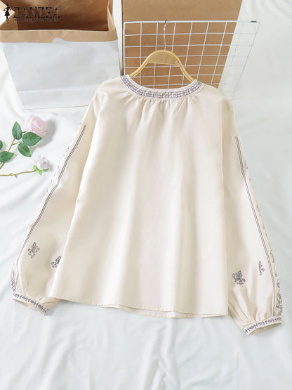 ZANZEA Ethnic Style Printing Woman Blouses Casual V-Neck Lace-Up Long Puff Sleeve Blusas Mujer 2025 Spring Summer Smock Tops