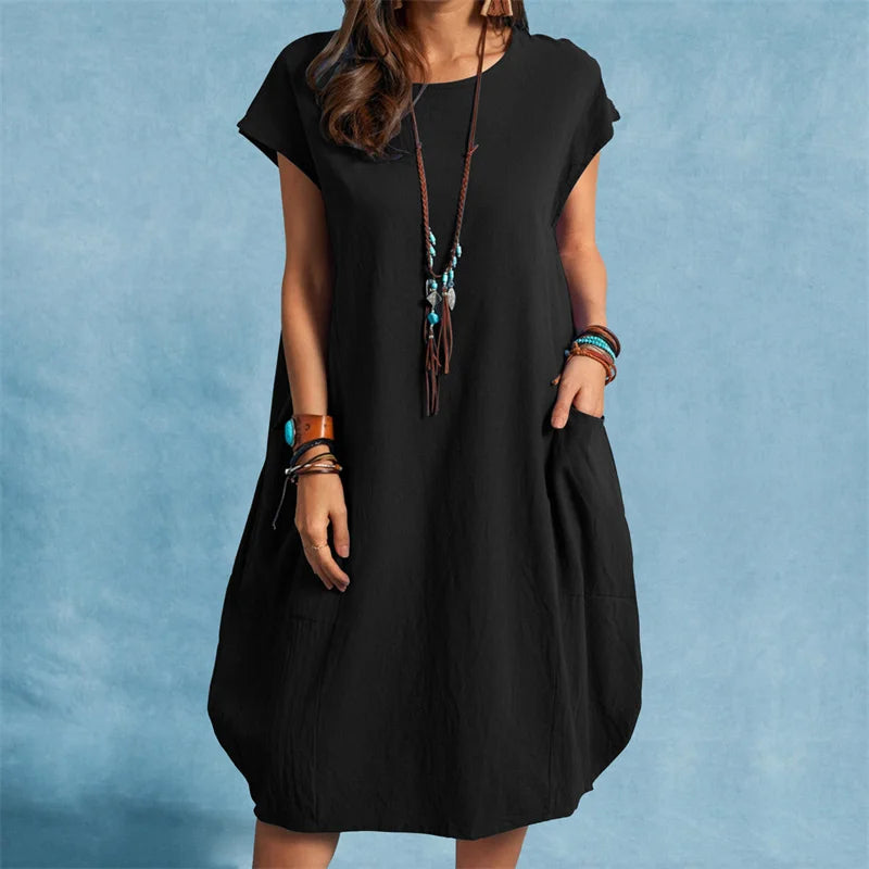 Summer Breathable Cotton Linen Solid Color Dresses Female Comfortable Casual Loose Dressy Women's Crew Neck Double Pockets Gown