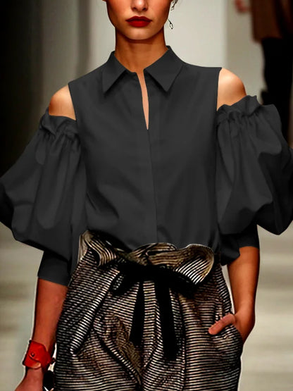 Modigirl New Fashion Women Tuxedo Blouse Shirts 2025 Summer Soild Color Cold Shoulder Office Party Leisure Black Tops for Women