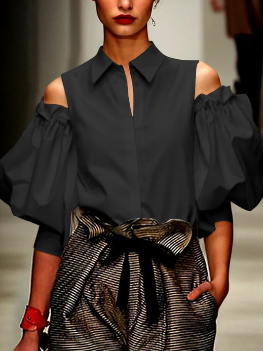 Modigirl New Fashion Women Tuxedo Blouse Shirts 2025 Summer Soild Color Cold Shoulder Office Party Leisure Black Tops for Women