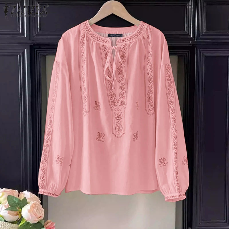ZANZEA Ethnic Style Printing Woman Blouses Casual V-Neck Lace-Up Long Puff Sleeve Blusas Mujer 2025 Spring Summer Smock Tops