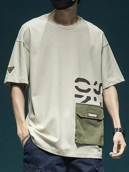 2025 New Letter Printed Short Sleeve Pocket T-shirt For Men Casual Cotton O-Neck Tshirt Y2K Streetwear Oversized Tee Shirts