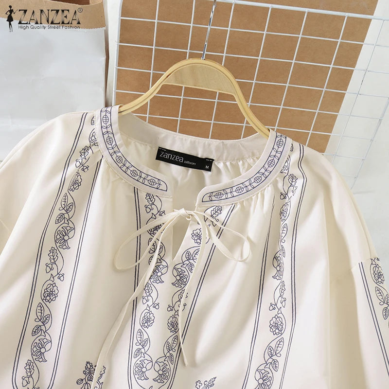 ZANZEA Ethnic Style Printing Woman Blouses Casual V-Neck Lace-Up Long Puff Sleeve Blusas Mujer 2025 Spring Summer Smock Tops