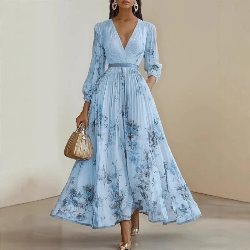 Fashion Floral Print Patchwork Bohemian Dress Woman Sexy Deep V Neck Hollow Long Dresses New Spring Puff Sleeve Loose Maxi Dress