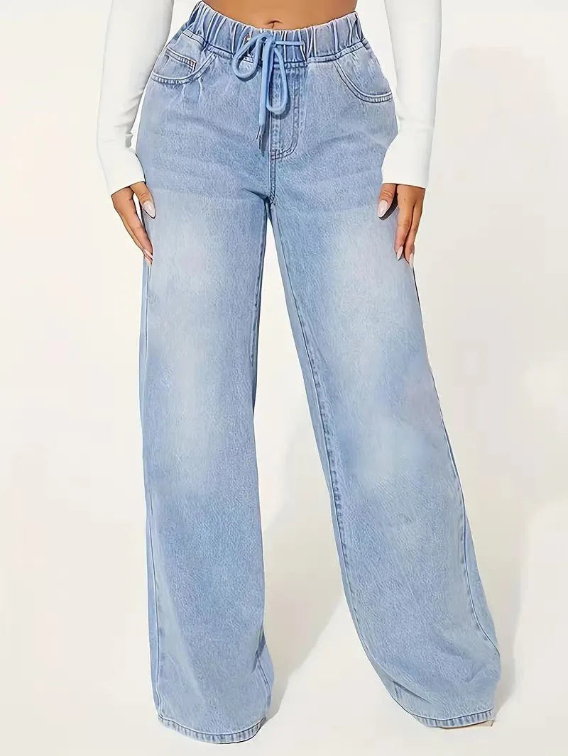 Women's high-waisted blue elastic waist pants, loose wide-leg comfortable straight-leg jeans