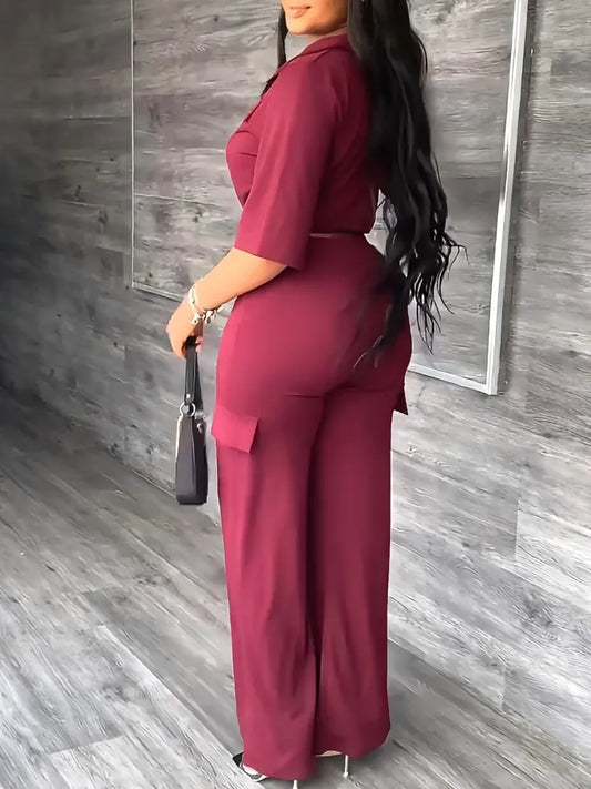 Elegant Office Women Two Piece  Short Shirt + Wide Leg Trousers Set