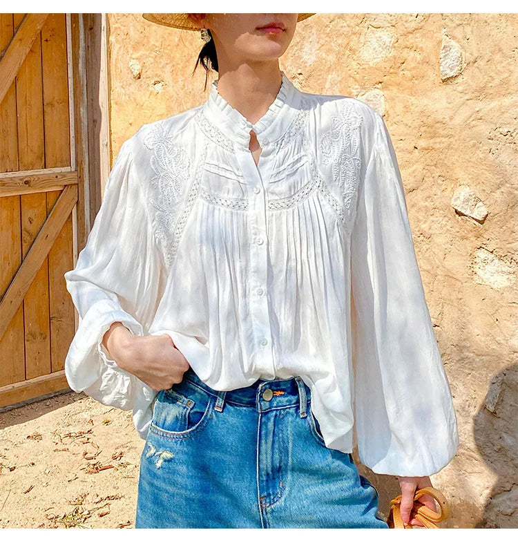 2025 Spring New Women's French White Shirt Splicing Lace Embroidery Design Ladies Shirt Long Sleeve Casual Holiday Beach Tops