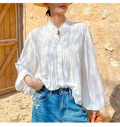 2025 Spring New Women's French White Shirt Splicing Lace Embroidery Design Ladies Shirt Long Sleeve Casual Holiday Beach Tops