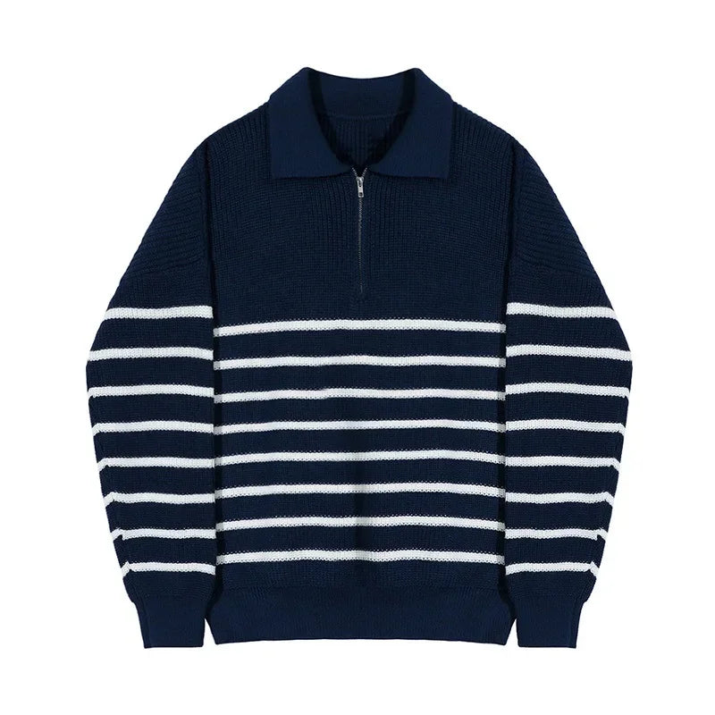 Autumn Korean Men's Light Style Lapel Long Sleeve Sweater Fashion High-end Loose Retro Casual Half Zip Striped Sweater Top