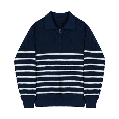 Autumn Korean Men's Light Style Lapel Long Sleeve Sweater Fashion High-end Loose Retro Casual Half Zip Striped Sweater Top
