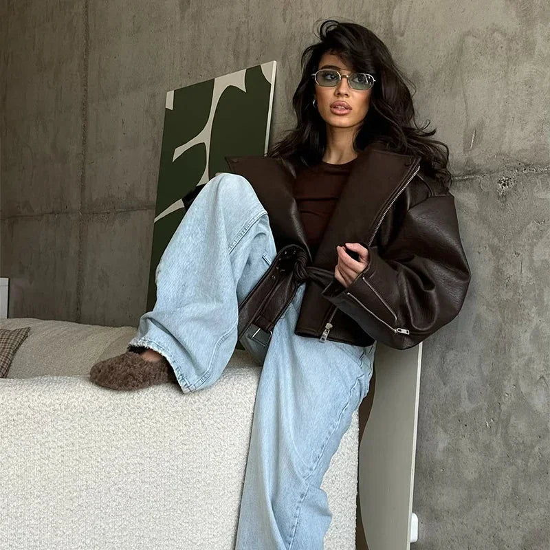 Brown Lapel Leather Bomber Jacket Women's Fashion Full Sleeve Zipper Pocket Lace Up Belt Coat 2025 Autumn High Street Outerwear