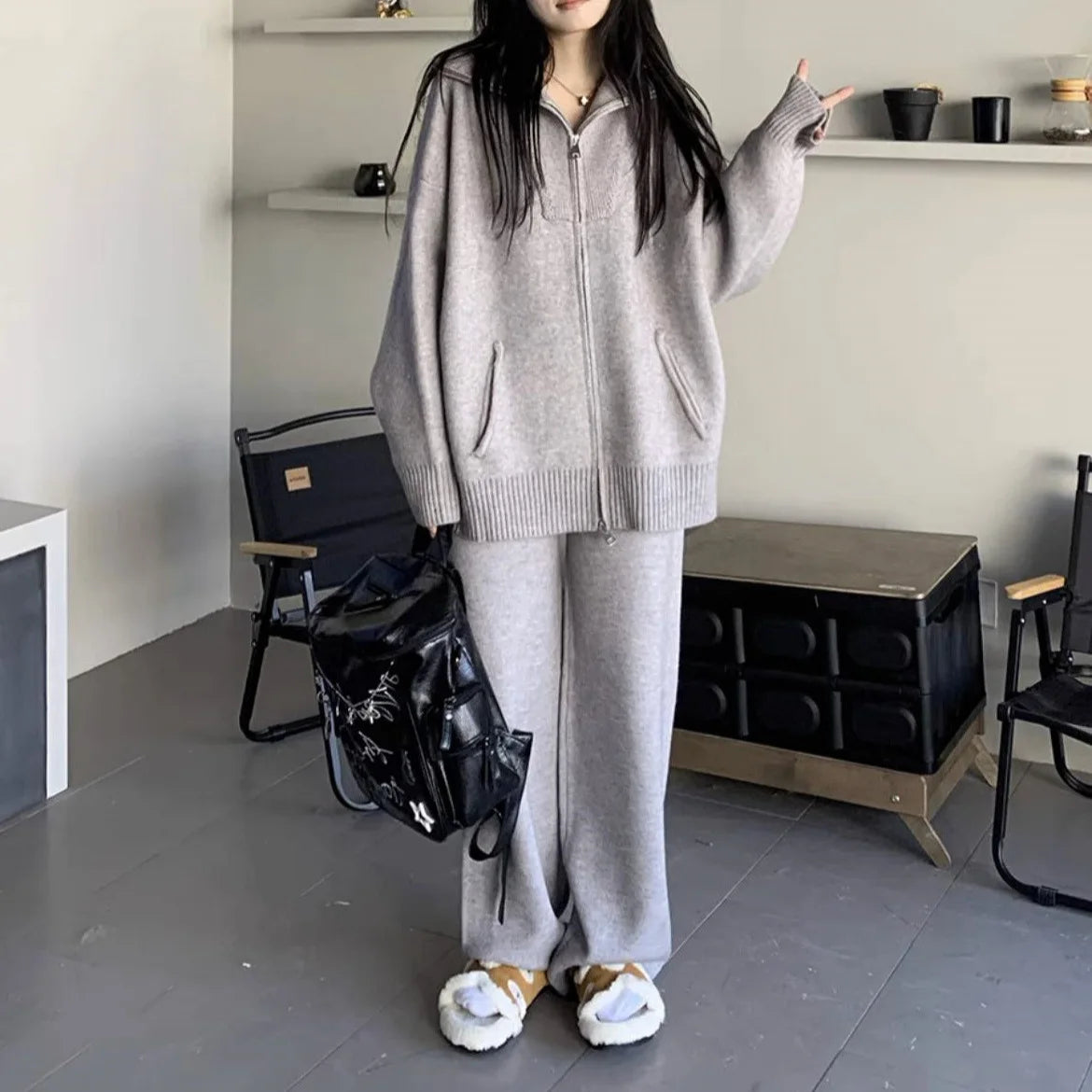 Fashion Knitted Sets Temperament Casual Lapel Zipper Sweater Jacket  Wide Leg Pants Two Piece Set Women 2025 Autumn Winter