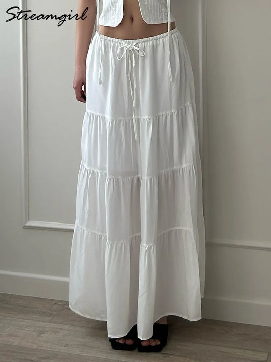 Brown Long Skirt Women Summer Cotton Ruffle Floral Skirt Woman Luxury Green Tie Up Loose White Women Long Skirts High Waisted