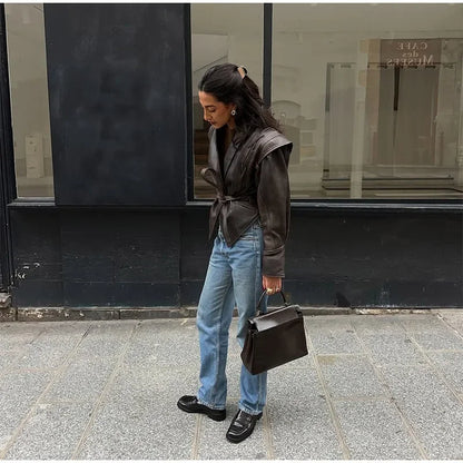 Brown Lapel Leather Bomber Jacket Women's Fashion Full Sleeve Zipper Pocket Lace Up Belt Coat 2025 Autumn High Street Outerwear