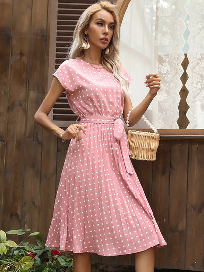 Women Short Sleeve Polka Dot Print Midi Dresses