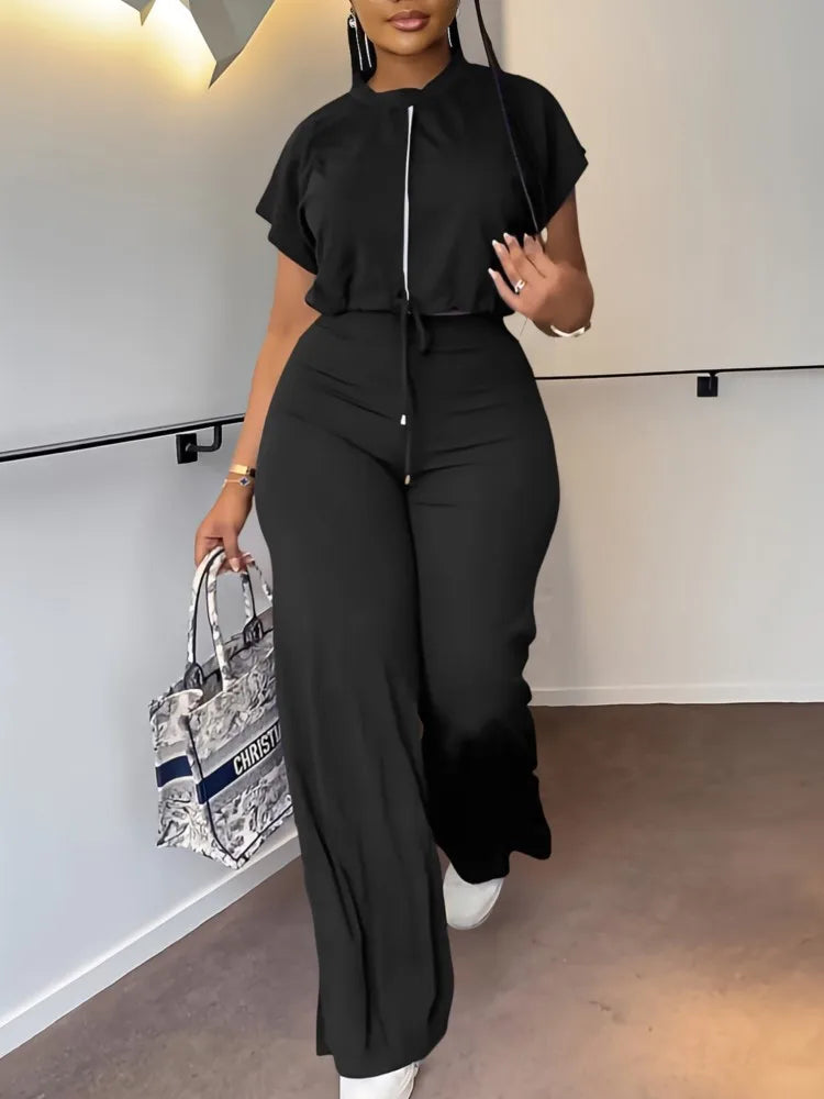 Women Short Sleeve Top & High Waist Pants Set