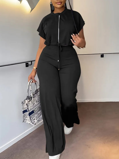 Women Short Sleeve Top & High Waist Pants Set