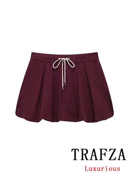 TRAFZA Vintage Casual Chic Solid Women Suit Turn-down Collar Zipper Jackets Drawstring Mini Skirt New Fashion 2024 Autumn Suit