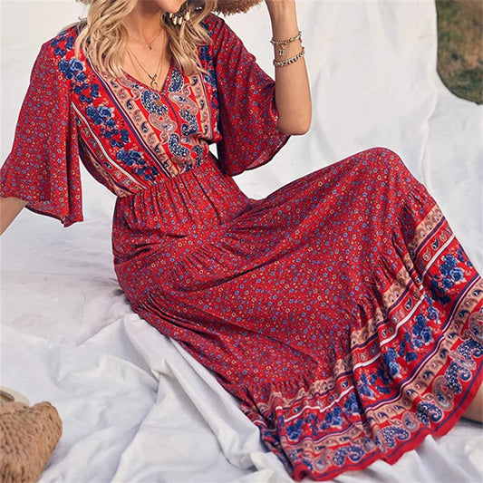 Boho Retro Printed Long Beach Dress Summer Women Flare Short Sleeve V Neck Summer A-Line Dress 2022 Party Elegant Dress